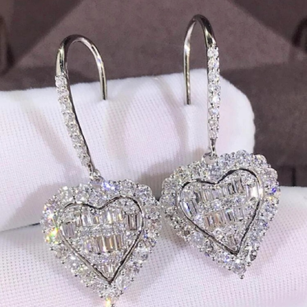 Heart 925 Sterling Silver Plated Simulated Diamond, Drop Valentine day Earrings
